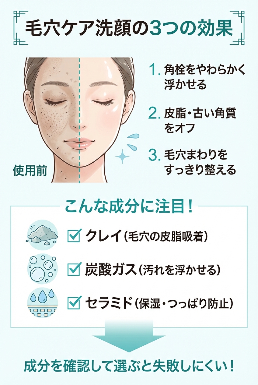 毛穴ケア洗顔の3つの効果と注目成分の図解