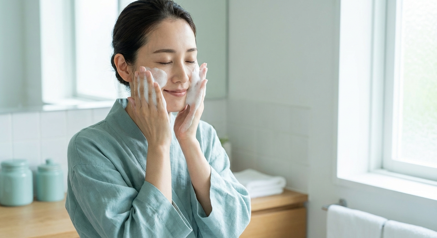 顔全体に泡を広げてやさしく洗うイメージ